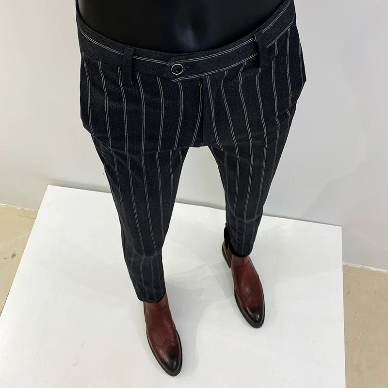 Pantalones de traje a rayas para hombre, pantalón de vestir Social para oficina de negocios, informal, ajustado, para boda, 2022