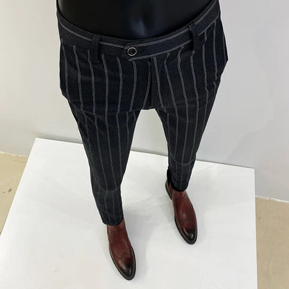 Pantalones de traje a rayas para hombre, pantalón de vestir Social para oficina de negocios, informal, ajustado, para boda, 2022
