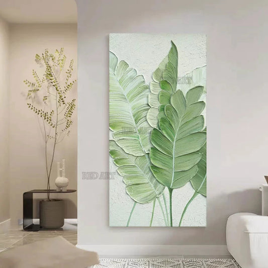 Póster acrílico con textura 3D, pintura al óleo abstracta de hojas verdes grandes sobre lienzo, obra de arte con técnica de cuchillo, cuadro para decoración de oficina, con marco incluido