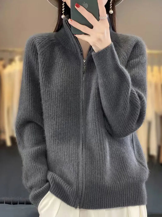 Cárdigan grueso con cremallera para mujer, suéter de punto, abrigo holgado adelgazante de manga larga, estilo casual cálido