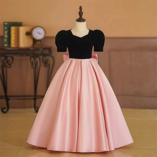 Nuevo Vestido de Satén Sencillo para Niñas 2026, Estilo Princesa, Boutique, con Mangas Abullonadas, para Cumpleaños, Presentaciones de Piano y Actuaciones en Escenario, Vestidos Elegantes