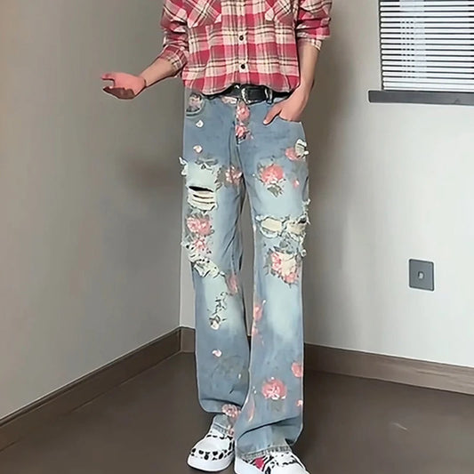 Pantalones vaqueros rasgados de Jacquard con flores de peonía Retro para hombre, Vaqueros holgados rectos con estampado con dibujo, ropa de calle Y2K, otoño 2025