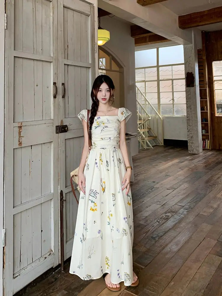 Vestido largo con estampado floral de verano, cuello cuadrado, manga acampanada, para vacaciones en la playa, estilo francés,...