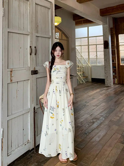 Vestido largo con estampado floral de verano, cuello cuadrado, manga acampanada, para vacaciones en la playa, estilo francés,...