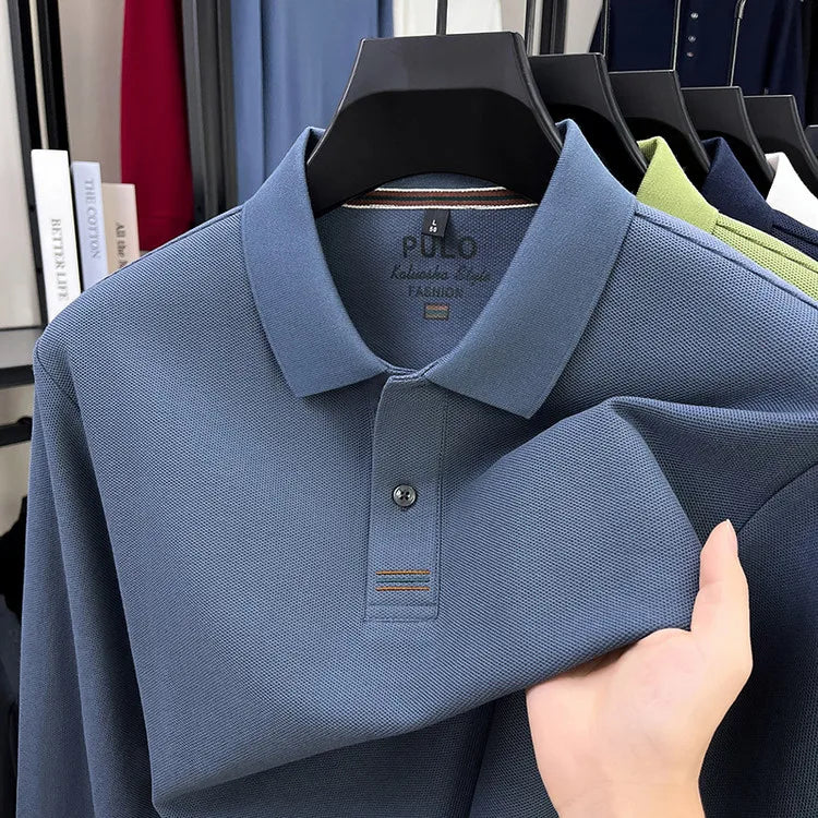 Polo de manga larga de otoño 2025 para hombre, 100% algodón transpirable, estilo informal de negocios con cuello de algodón clásico