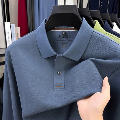 Polo de manga larga de otoño 2025 para hombre, 100% algodón transpirable, estilo informal de negocios con cuello de algodón clásico