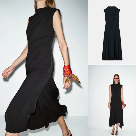 Vestido Midi Asimétrico para Mujer, Nuevo Modelo de Primavera, Sin Mangas, Cuello Redondo, Falda con Pliegues, Estilo Casual ...