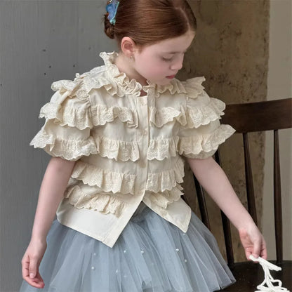 Camisa de Manga Corta con Volantes y Encaje para Niñas, Primavera-Verano 2026, Estilo Retro y Lindo