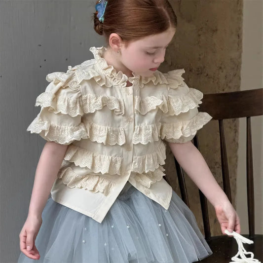 Camisa de Manga Corta con Volantes y Encaje para Niñas, Primavera-Verano 2026, Estilo Retro y Lindo