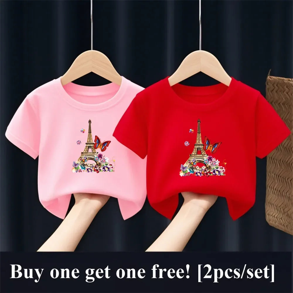 2 unids/pack niñas París Torre Eiffel mariposa estampado gráfico camiseta niños manga corta hermana traje a juego amigo fiesta Tops