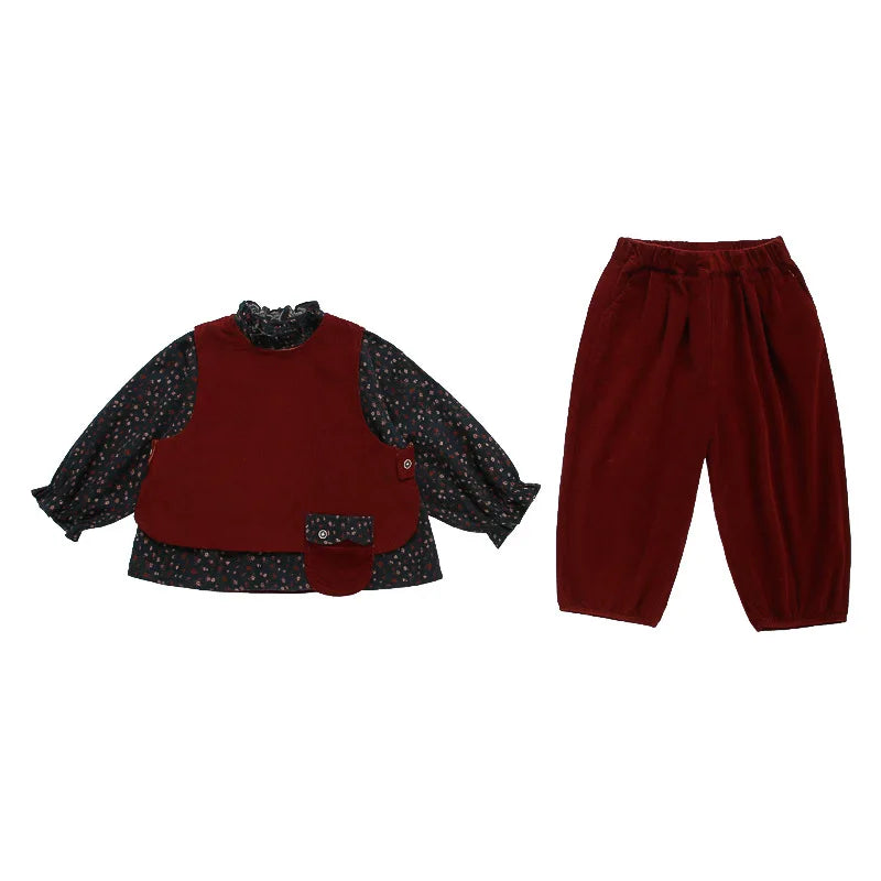 Ropa de moda para niñas 2025, otoño, nueva camisa Floral, chaleco y pantalones de Color sólido, conjunto de 3 piezas de pana