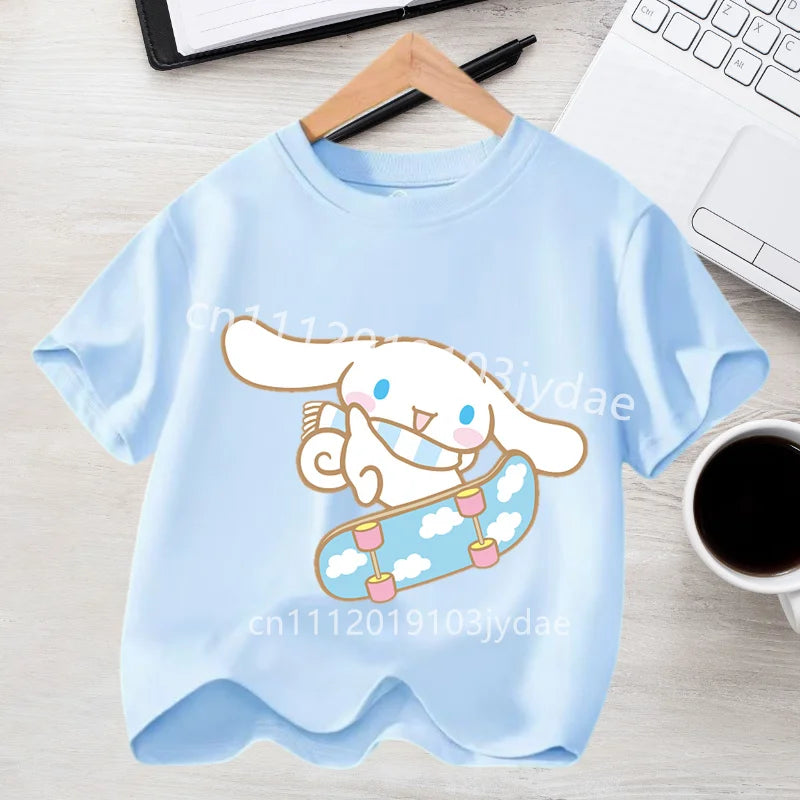 Camiseta de Manga Corta para Niños, Estilo Urbano, Verano 2026, Ropa Casual, Regalo Kawaii, Linda Camiseta de Cinnamoroll para Niña, Camiseta de Algodón con Estampado de Anime