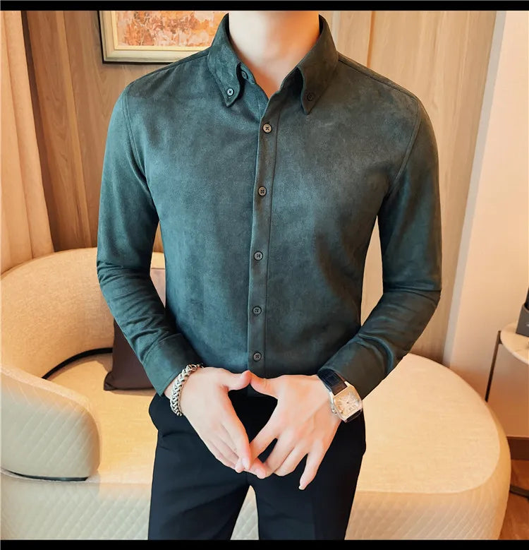 Camisa de ante de alta calidad para hombre, camisas de negocios informales de manga larga para otoño e invierno, blusa de esmoquin para fiesta Social, ropa para hombre 2023