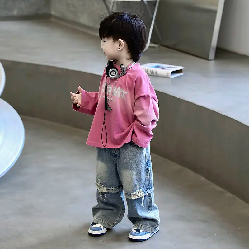 Conjunto de 2 Piezas de Ropa Infantil 2026 para Niño, Primavera-Otoño, Nueva Versión Coreana, Camisa Base con Degradado Rosa, Pantalones Vaqueros Personalizados a la Moda