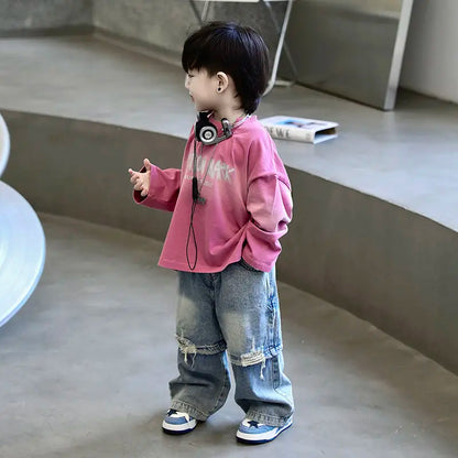 Conjunto de 2 Piezas de Ropa Infantil 2026 para Niño, Primavera-Otoño, Nueva Versión Coreana, Camisa Base con Degradado Rosa, Pantalones Vaqueros Personalizados a la Moda