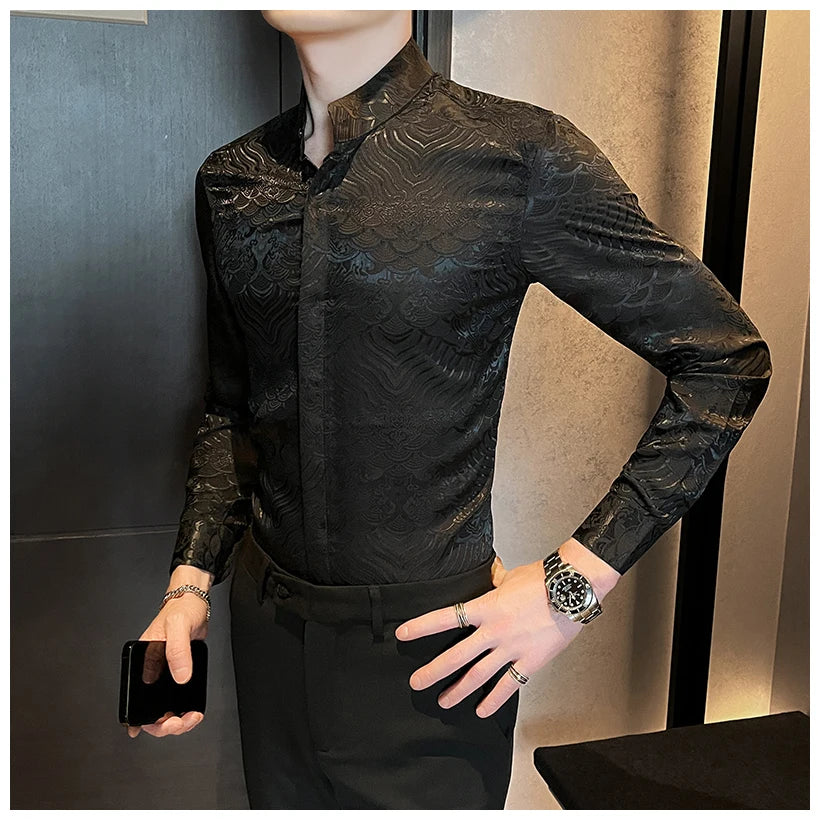 Camisas estampadas de manga larga con cuello levantado para primavera y otoño, camisa informal de moda para hombre de estilo chino Formal Social de negocios