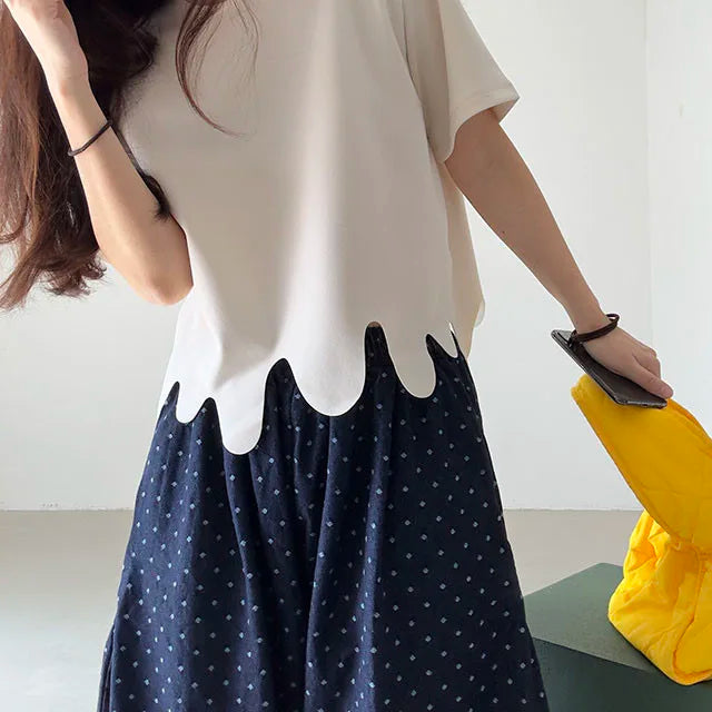 Camisetas de verano de moda coreana, camiseta informal de manga corta con cuello redondo y patrón de onda Irregular, camisetas simples
