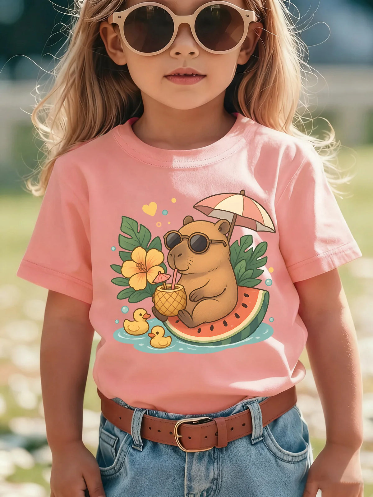 Camiseta para niños, camiseta de algodón morada para niñas, camiseta informal de manga corta con estampado de Capibara, ropa para niños, camiseta para niñas