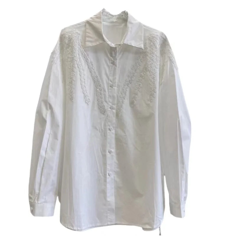 Blusas de algodón con bordado de lentejuelas de lujo, camisas para mujer, tendencia, nueva moda, Tops informales sueltos, Blusas, camisa de oficina para mujer, Tops