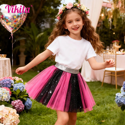 VIKITA, falda tutú con purpurina rosa y negra para niñas, faldas informales de tul en capas para fiesta y baile, faldas para uso diario, minifaldas bonitas a la moda para niñas