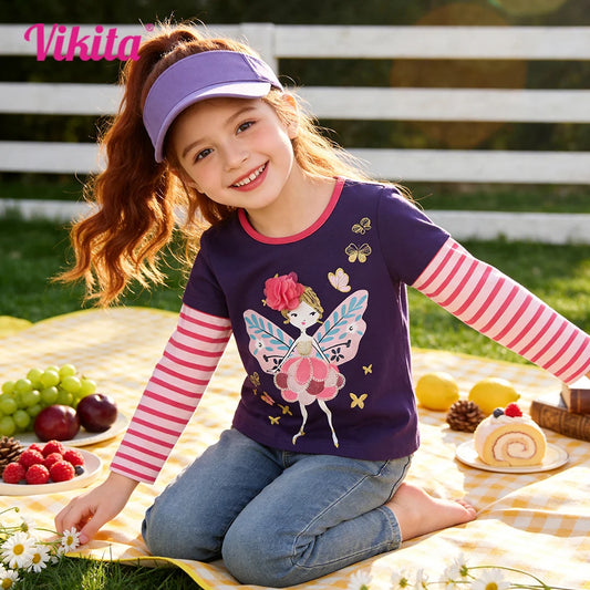 VIKITA, camiseta con estampado de dibujos animados de muñeca mariposa para niños, camisetas y camisetas informales de algodón rayado de manga larga para otoño y primavera, ropa para niños