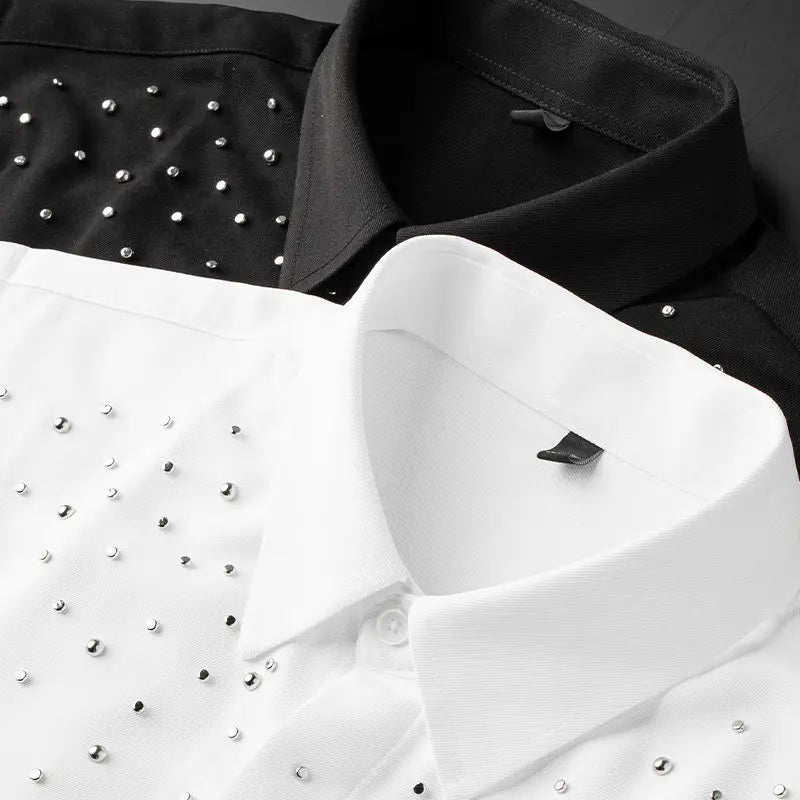 Camisa de Manga Larga Decorada con Pedrería para Hombre, Camisa de Vestir para Banquetes y Fiestas, Camisa Casual de Negocios, Camisa Masculina