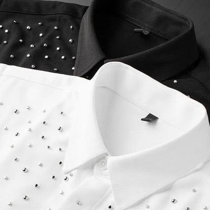 Camisa de Manga Larga Decorada con Pedrería para Hombre, Camisa de Vestir para Banquetes y Fiestas, Camisa Casual de Negocios, Camisa Masculina
