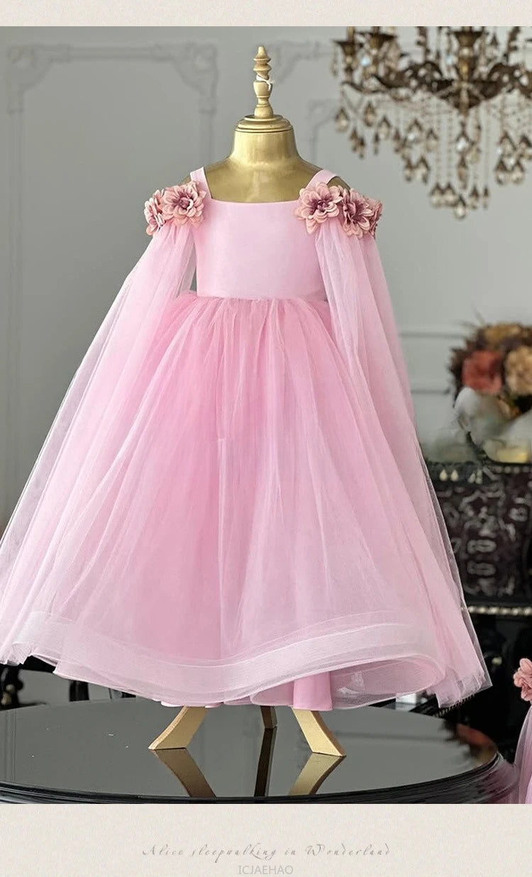 Vestido de boda para niños, vestidos de boda rosas con flores para niñas, ropa para niños, actuación de Piano, presentador, vestido de fiesta de cumpleaños de princesa, disfraz