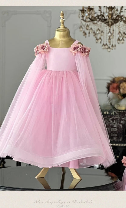 Vestido de boda para niños, vestidos de boda rosas con flores para niñas, ropa para niños, actuación de Piano, presentador, vestido de fiesta de cumpleaños de princesa, disfraz