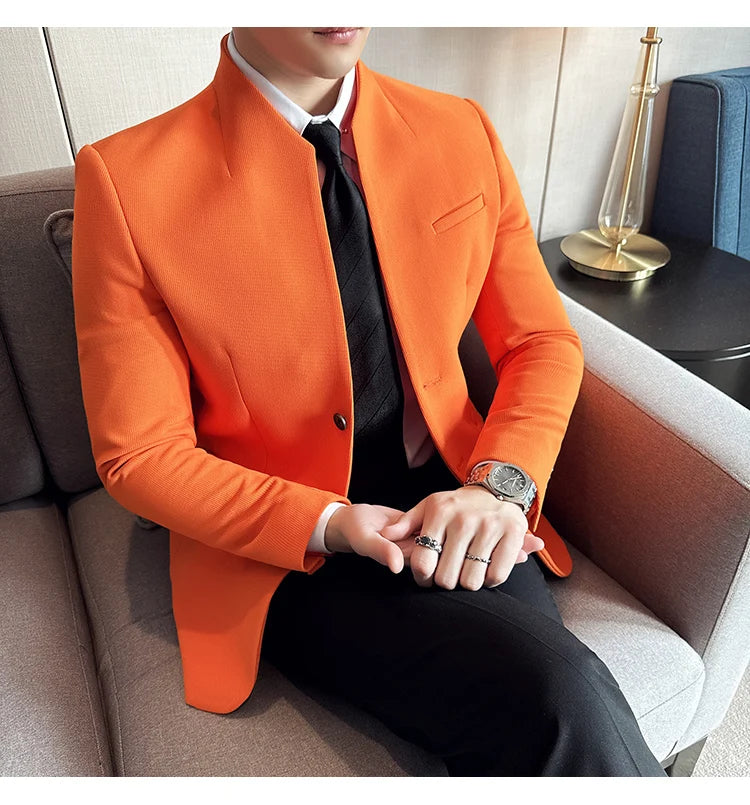 Chaqueta de traje con cuello levantado de alta calidad para hombre, chaquetas de negocios informales, abrigo coreano con gofres para boda, novio, banquete, vestido de fiesta, 2025