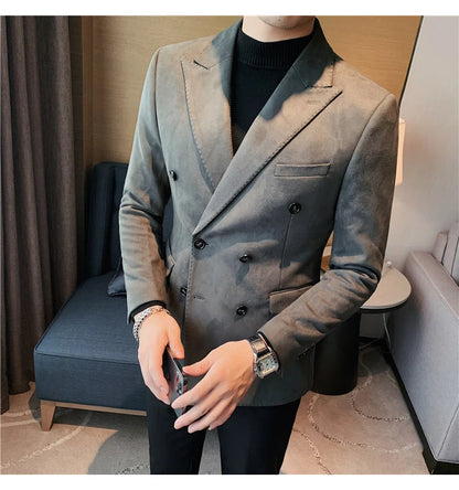 Chaqueta de ante con botones de doble botonadura para hombre, traje de negocios informal, ropa de calle Social, otoño e invierno, 2023
