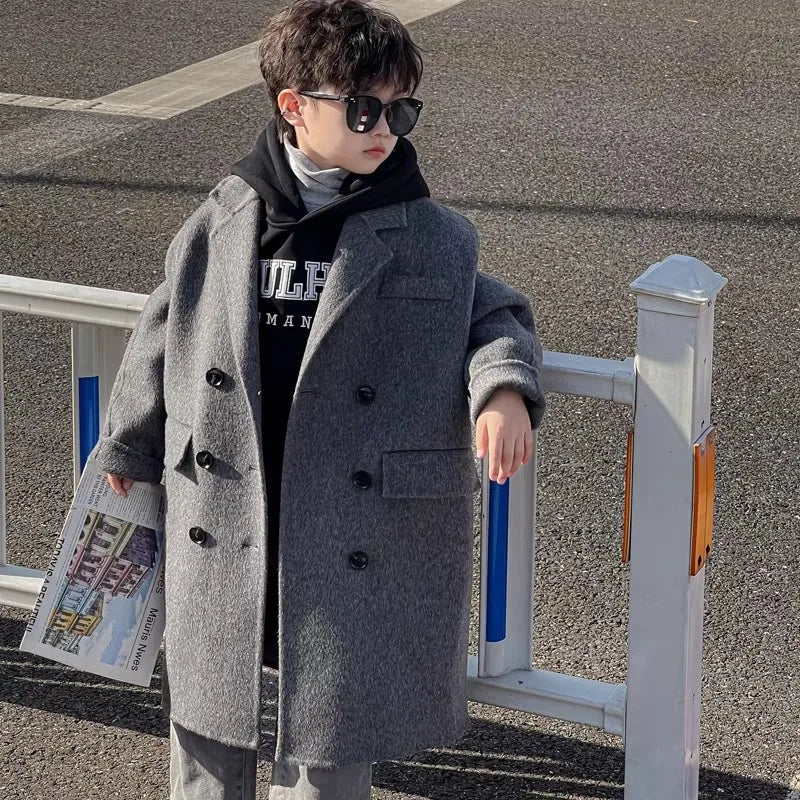 Ropa Infantil Coreana, Abrigo de Lana de Doble Cara para Niños y Niñas, Abrigo Largo de Lana Coreana, Abrigo de Algodón Imitación de Doble Cara