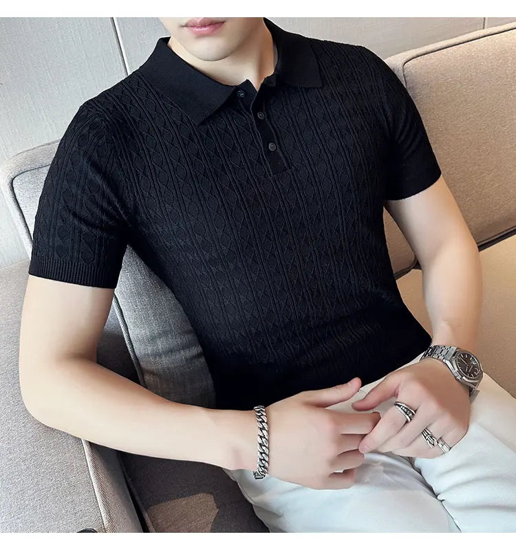 Polo de manga corta de punto Jacquard para hombre, camiseta de Golf con solapa de moda, ajustada, nueva