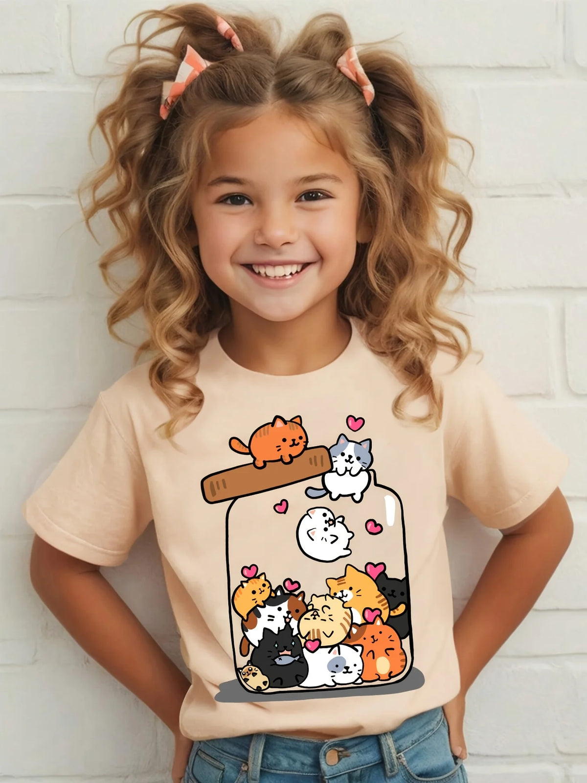 Camiseta de manga corta con cuello redondo de algodón para niñas, moda de verano, con estampado de gato en un frasco, top informal y versátil, ropa de moda