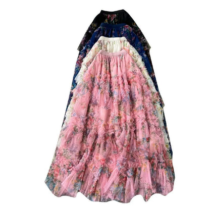 Falda Midi de Malla con Estampado Floral de Cintura Alta Estilo Coreano para Mujer, Falda Hada Abullonada de Fibra de Poliést...
