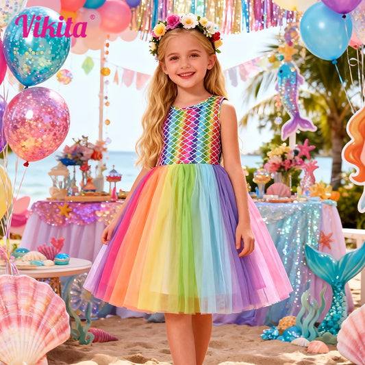 Vestido de verano sin mangas para niñas, vestidos informales de princesa para fiesta de cumpleaños de princesa con gradiente colorido de arcoíris para niños