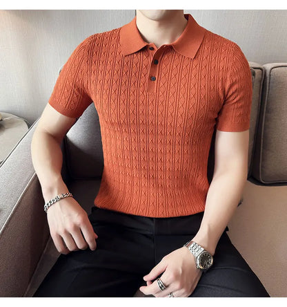 Polo de manga corta de punto Jacquard para hombre, camiseta de Golf con solapa de moda, ajustada, nueva
