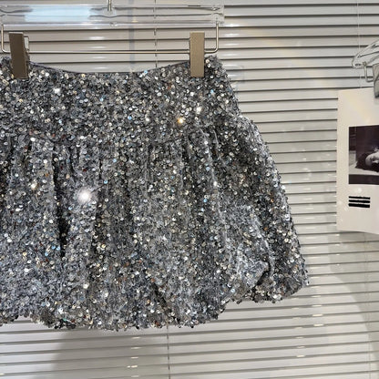 Falda corta de lentejuelas para niñas, falda corta de cintura elástica con lentejuelas brillantes y brotes de flores pesadas, primavera 2025