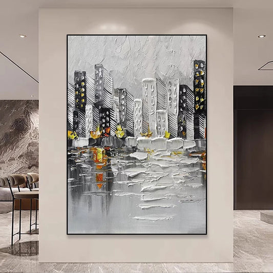 Cuadro en lienzo para arte de pared, ciudad abstracta, edificios grandes, paleta 100% pintada a mano, pintura al óleo, lujo, recién llegado, + Paquete Switch In Art completo