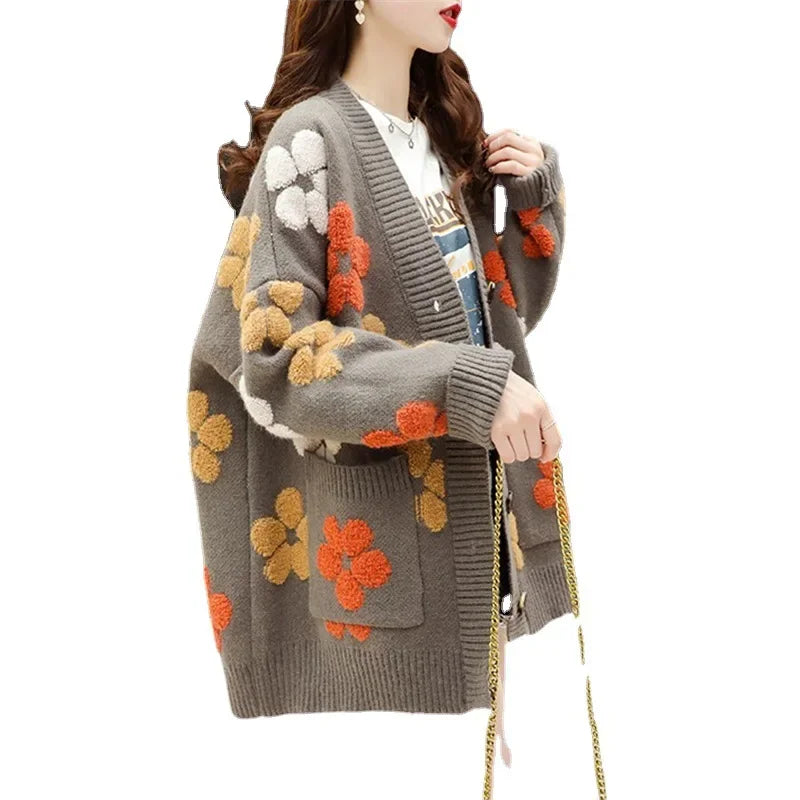 Knit Cardigan Women Sweater Print Floral V Neck Long Sleeved Sweaters Button Pockets Elegant Loose Coats Autumn Winter