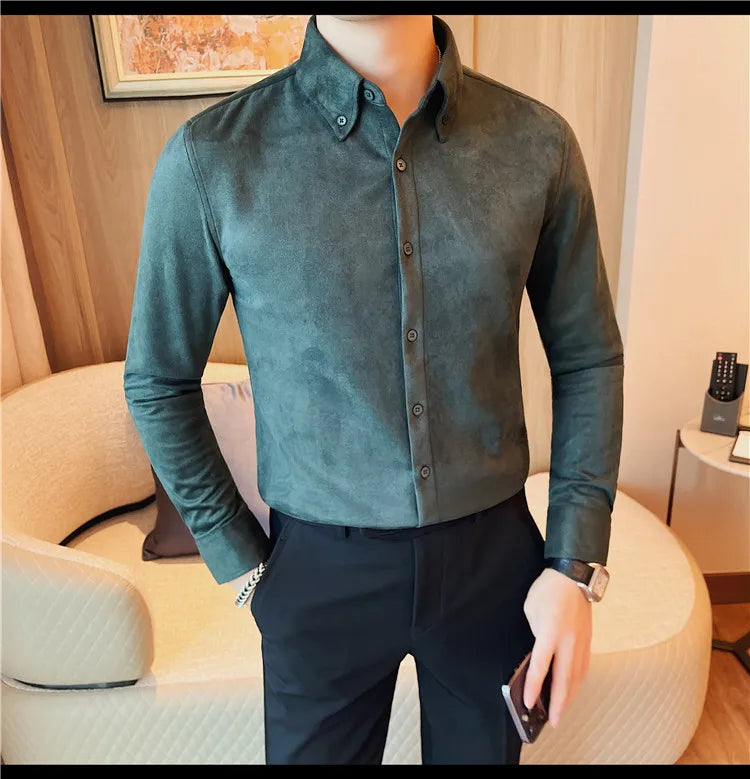 Camisa de ante de alta calidad para hombre, camisas de negocios informales de manga larga para otoño e invierno, blusa de esmoquin para fiesta Social, ropa para hombre 2023