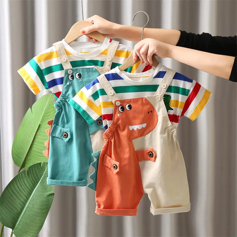 Ropa de verano para niños, ropa de moda para niños pequeños, ropa de arcoíris, camiseta, pantalones con pechera de dinosaurio de dibujos animados, 2 unids/set, traje para niños