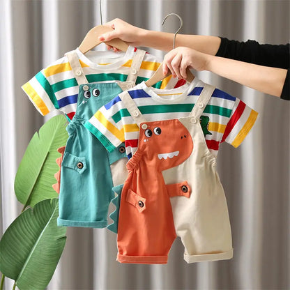 Ropa de verano para niños, ropa de moda para niños pequeños, ropa de arcoíris, camiseta, pantalones con pechera de dinosaurio de dibujos animados, 2 unids/set, traje para niños