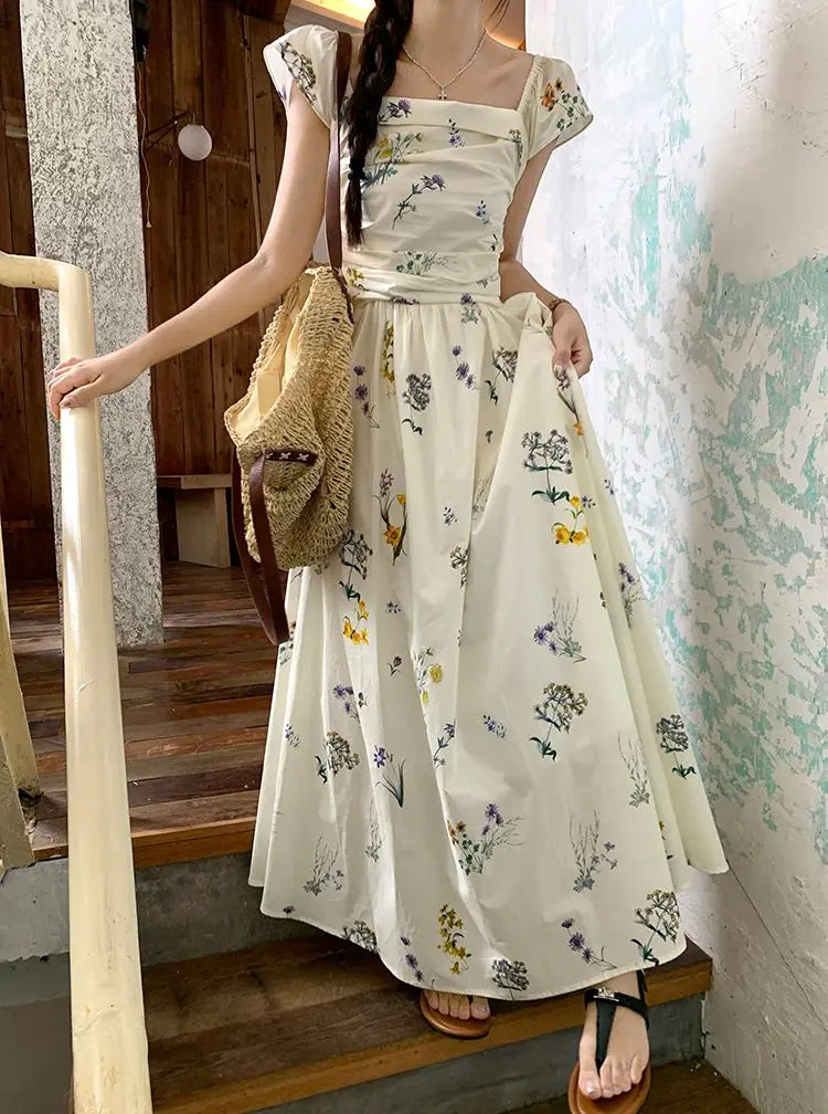 Vestido largo con estampado floral de verano, cuello cuadrado, manga acampanada, para vacaciones en la playa, estilo francés,...