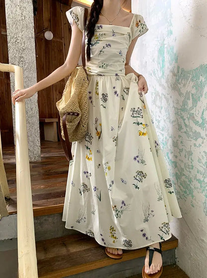 Vestido largo con estampado floral de verano, cuello cuadrado, manga acampanada, para vacaciones en la playa, estilo francés,...