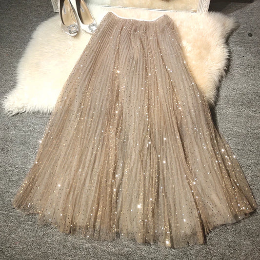 Falda Larga de Malla con Lentejuelas de Ensueño, Bordado Intenso de Cielo Estrellado, Falda Larga de Cintura Alta para Mujer,...