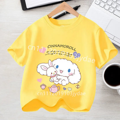 Camiseta de Manga Corta para Niños, Estilo Urbano, Verano 2026, Ropa Casual, Regalo Kawaii, Linda Camiseta de Cinnamoroll para Niña, Camiseta de Algodón con Estampado de Anime