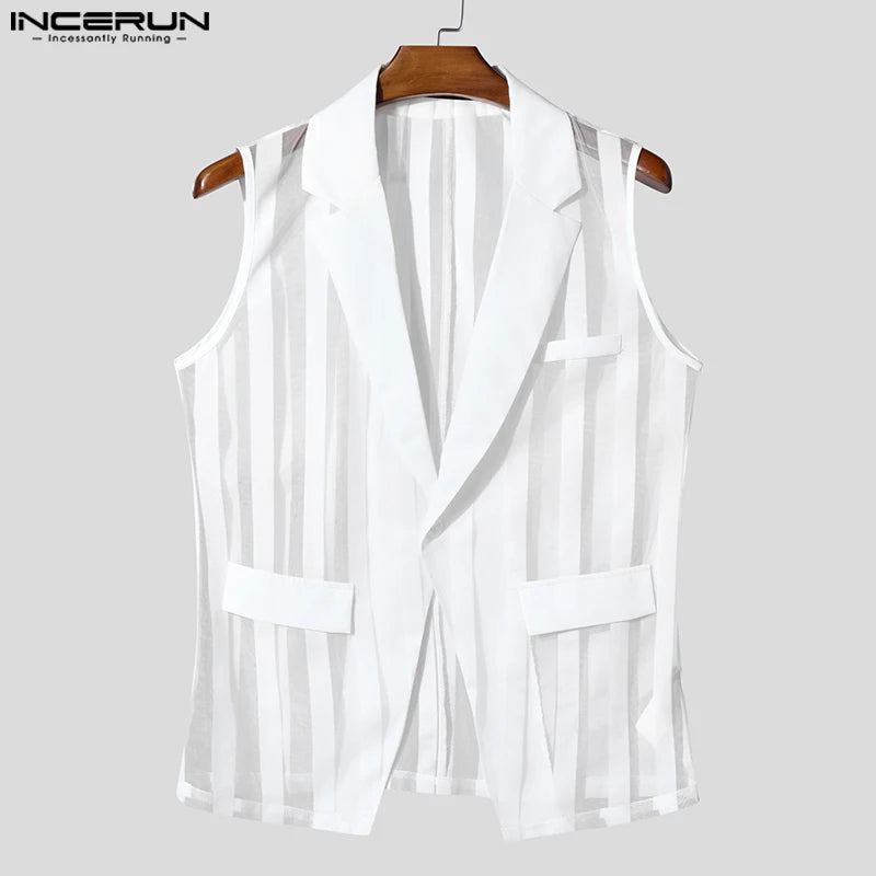 INCERUN Men Vests Mesh Striped Transparent Lapel Sleeveless One Button Casual Male Waistcoats Fashion Streetwear 2025 Vests Sexy