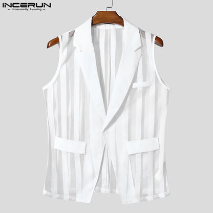 INCERUN Men Vests Mesh Striped Transparent Lapel Sleeveless One Button Casual Male Waistcoats Fashion Streetwear 2025 Vests Sexy