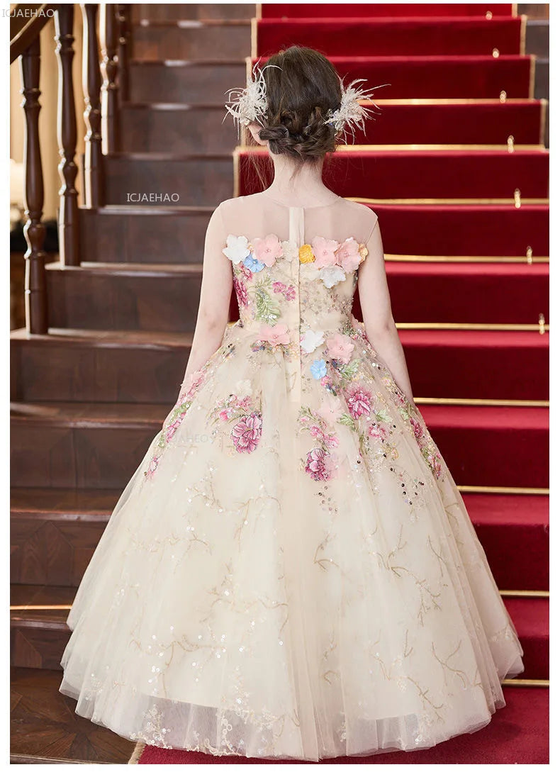Vestido de fiesta de estilo francés para niñas con flores para el pequeño presentador Piano Recital flor niña boda niños vestido de desfile vestidos